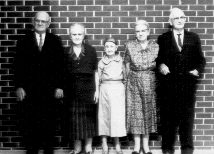 Siblings L-R: Hugh W. "Bump", Mildred,, Mary Viella "Ella", Sarah and Austin. (Sweeney Reunion 1962)